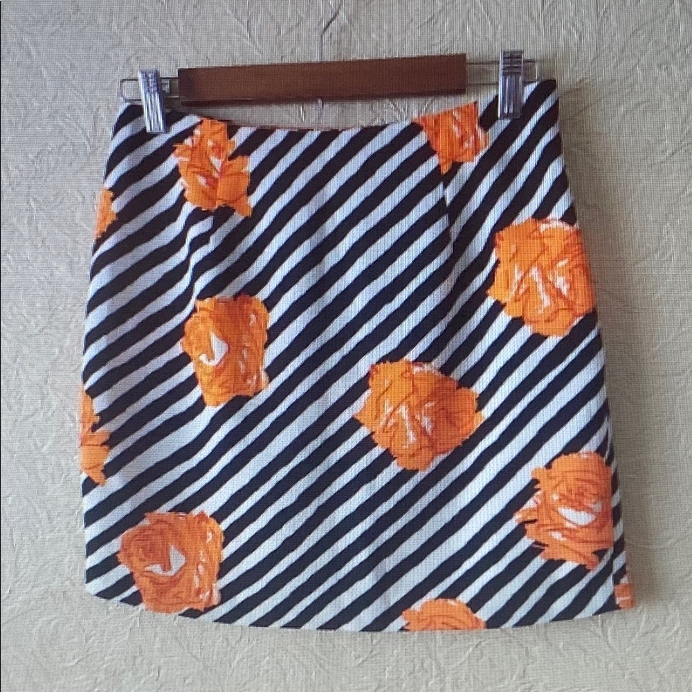 Women's black and white striped mini skirt with orange flowers Sz large